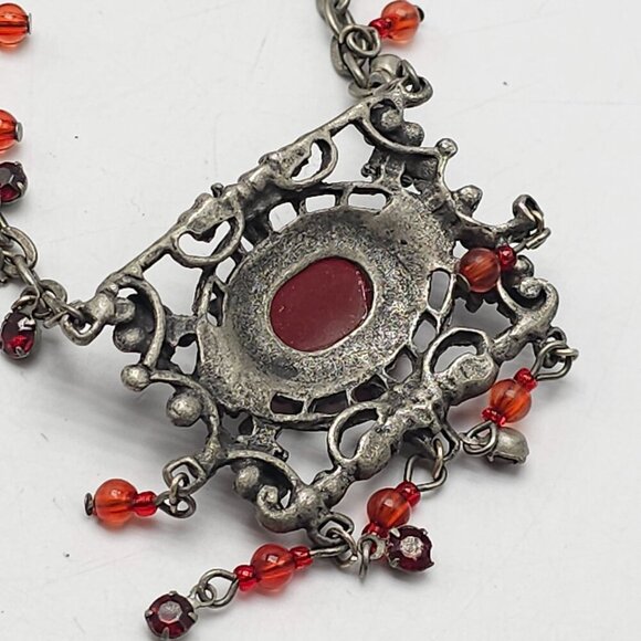 Vintage BOHO Silver Tone Filigree Necklace With Red Gemstone Dangling Beads - Picture 6 of 7